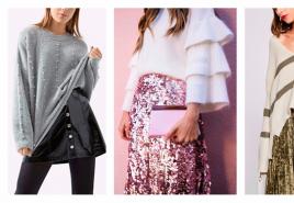 Was trägt man zu einem voluminösen Pullover: modische Optionen, Foto Stricken Sie einen kurzen Pullover unter einem Jeansrock